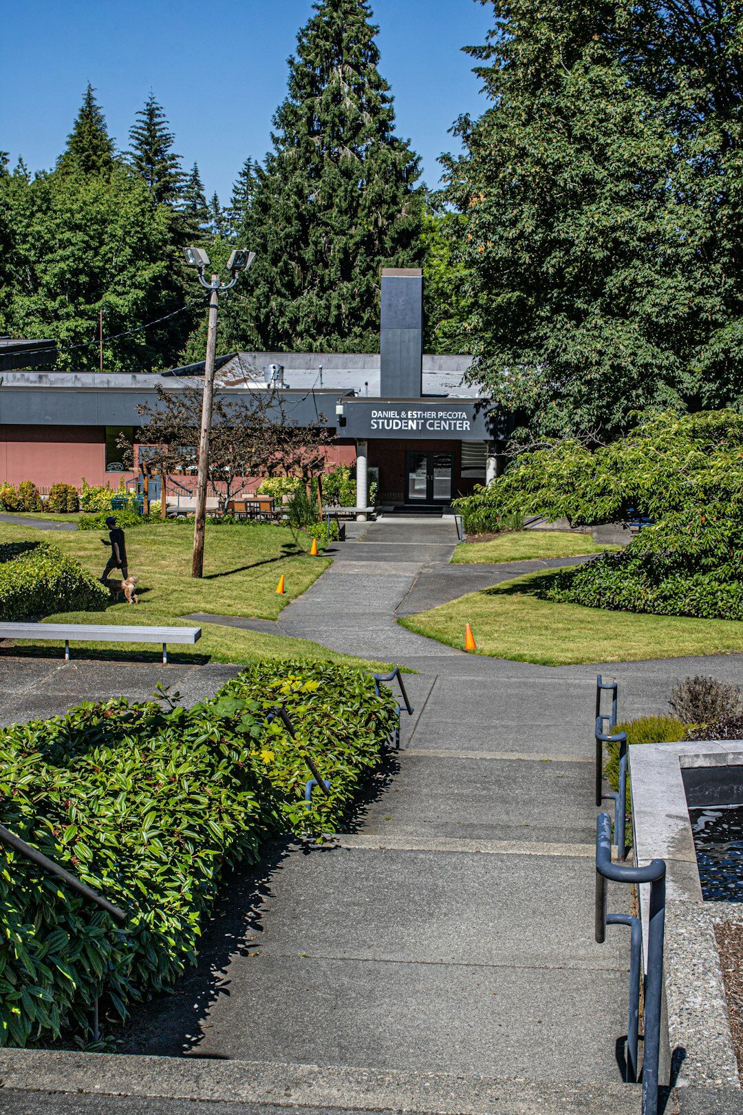 Bright community center building entrance with a welcoming garden